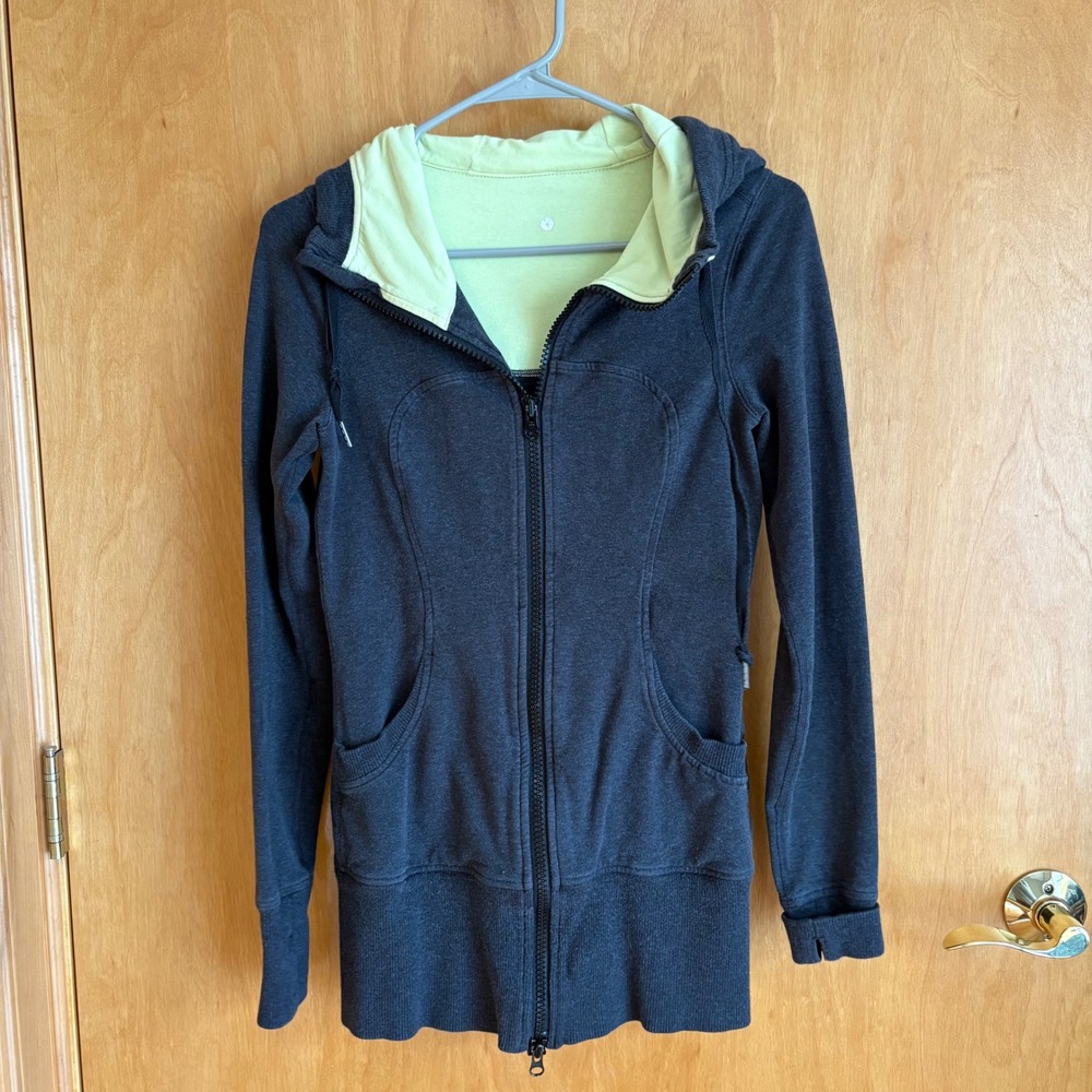 Lululemon Athletica Women Charcoal Grey Lime Green Hoodie Jacket Size 4